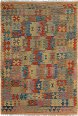 Flat Weave Kilim Antique Navaho Vintage handmade Geometric Kilim Tan Blue Hand-Woven Rectangle 100% Wool Area Rug 5x6 