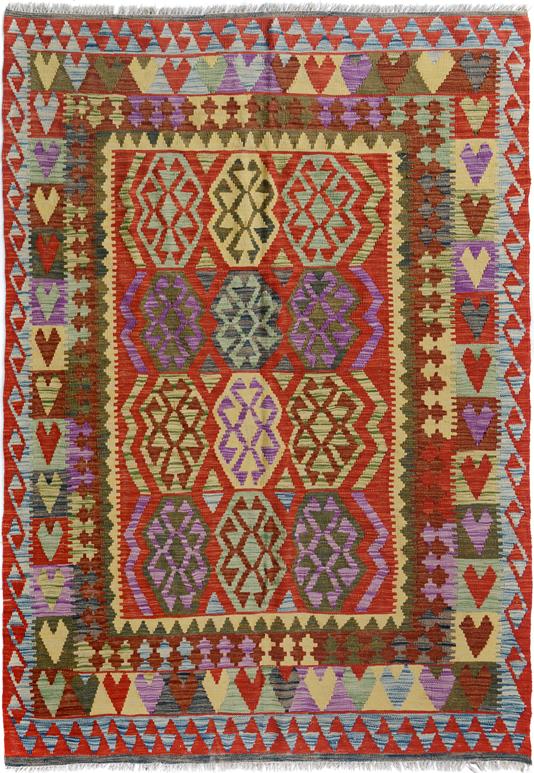 Flat Weave Kilim Antique Navaho Vintage handmade Geometric Kilim Blue Red Hand-Woven Rectangle 100% Wool Area Rug 5x7 