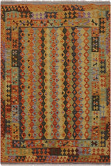 Flat Weave Kilim Antique Navaho Vintage handmade Geometric Kilim Rust Blue Hand-Woven Rectangle 100% Wool Area Rug 5x6 