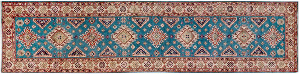 handmade Geometric Kazak Blue Ivory Hand Knotted RUNNER 100% WOOL area rug 4x15