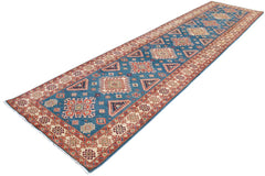 handmade Geometric Kazak Blue Ivory Hand Knotted RUNNER 100% WOOL area rug 4x15