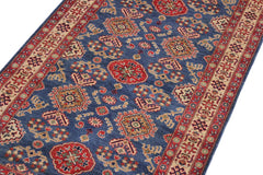 handmade Geometric Kazak Blue Ivory Hand Knotted RUNNER 100% WOOL area rug 4x13