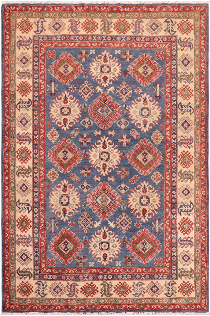 handmade Geometric Kazak Blue Ivory Hand Knotted RECTANGLE 100% WOOL area rug 6x9