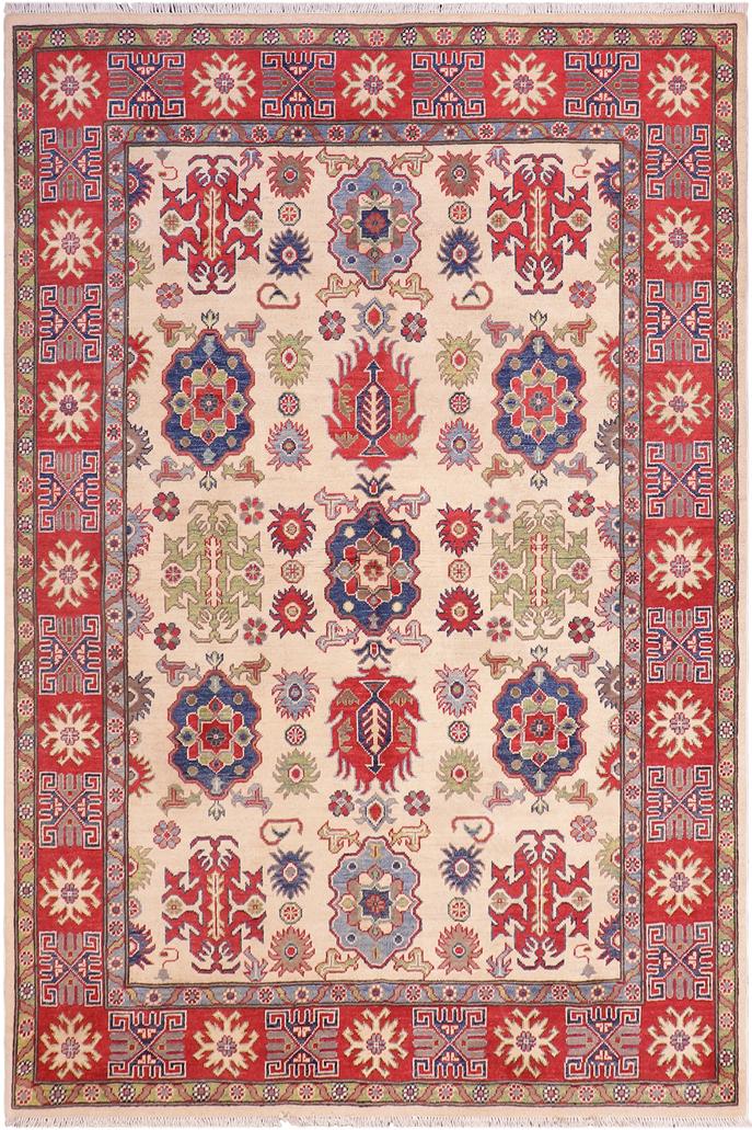 handmade Geometric Kazak Ivory Red Hand Knotted RECTANGLE 100% WOOL area rug 5x8