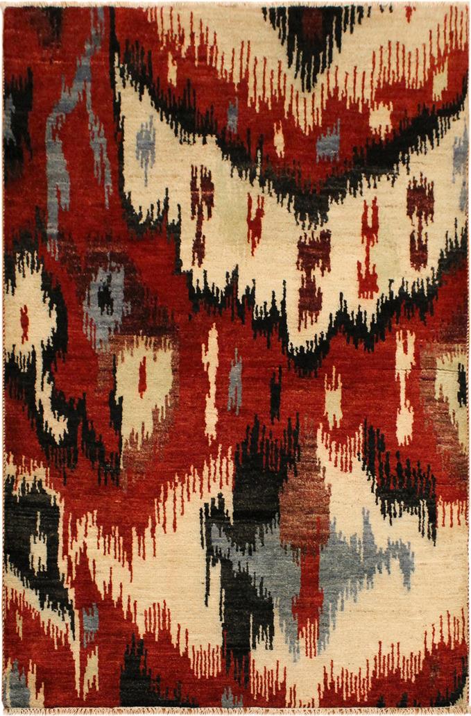 handmade Modern Ikat Red Ivory Hand Knotted RECTANGLE 100% WOOL area rug 4 x 6