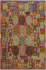 Flat Weave Kilim Antique Navaho Vintage handmade Geometric Kilim Blue Rust Hand-Woven Rectangle 100% Wool Area Rug 5x7 