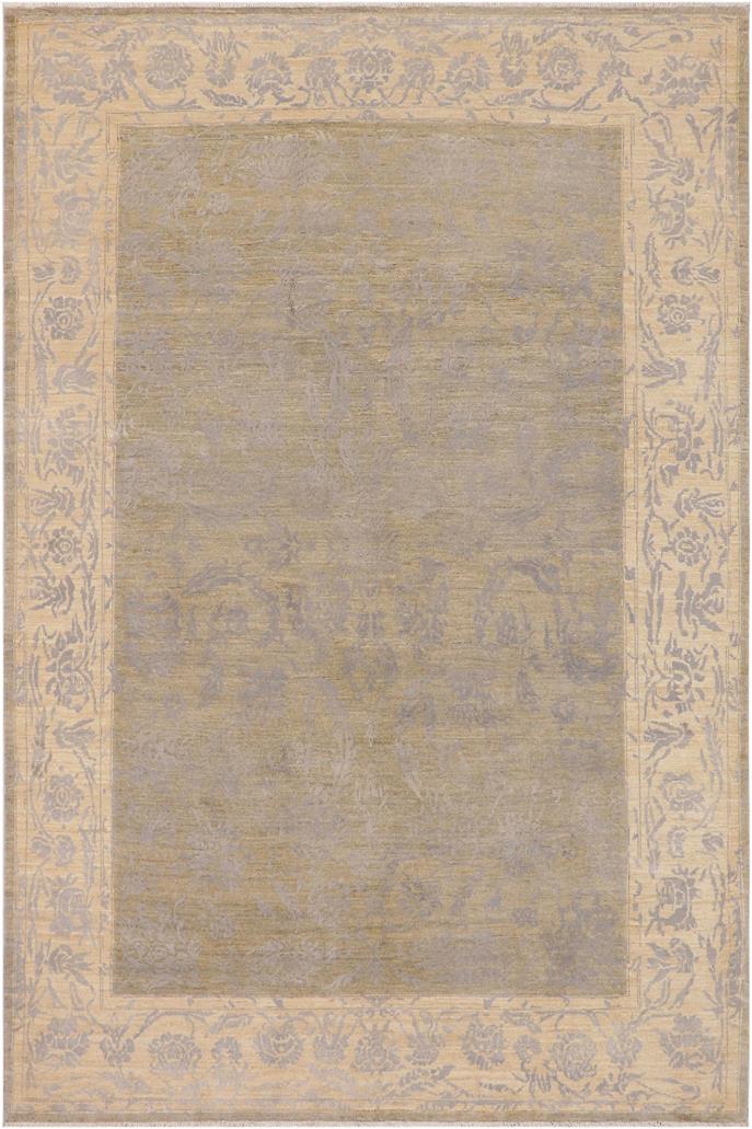 handmade Modern Kafkaz Lt. Green Ivory Hand Knotted RECTANGLE WOOL&SILK area rug 7 x 10