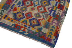 Flat Weave Kilim Antique Navaho Vintage handmade Geometric Kilim Ivory Blue Hand-Woven Rectangle 100% Wool Area Rug 5x6 