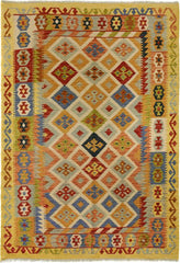 Flat Weave Kilim Antique Navaho Vintage handmade Geometric Kilim Ivory Gold Hand-Woven Rectangle 100% Wool Area Rug 5x6 