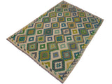 handmade Geometric Kilim Ivory Green Hand-Woven RECTANGLE 100% WOOL area rug 5x8