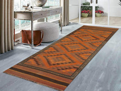 handmade Geometric Kilim Rust Brown Hand-Woven RUNNER 100% WOOL area rug