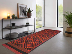 handmade Geometric Kilim Red Orange Hand-Woven RUNNER 100% WOOL area rug