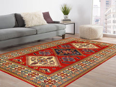 handmade Geometric Sherwan Red Beige Hand Knotted RECTANGLE 100% WOOL area rug 4x7