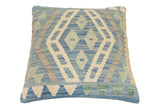 handmade Traditional Pillow Blue Beige Hand-Woven SQUARE 100% WOOL Hand woven turkish pillow2' x 2'