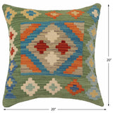 handmade Traditional Pillow Green Blue Hand-Woven SQUARE 100% WOOL  Hand woven turkish pillow  PILLOW