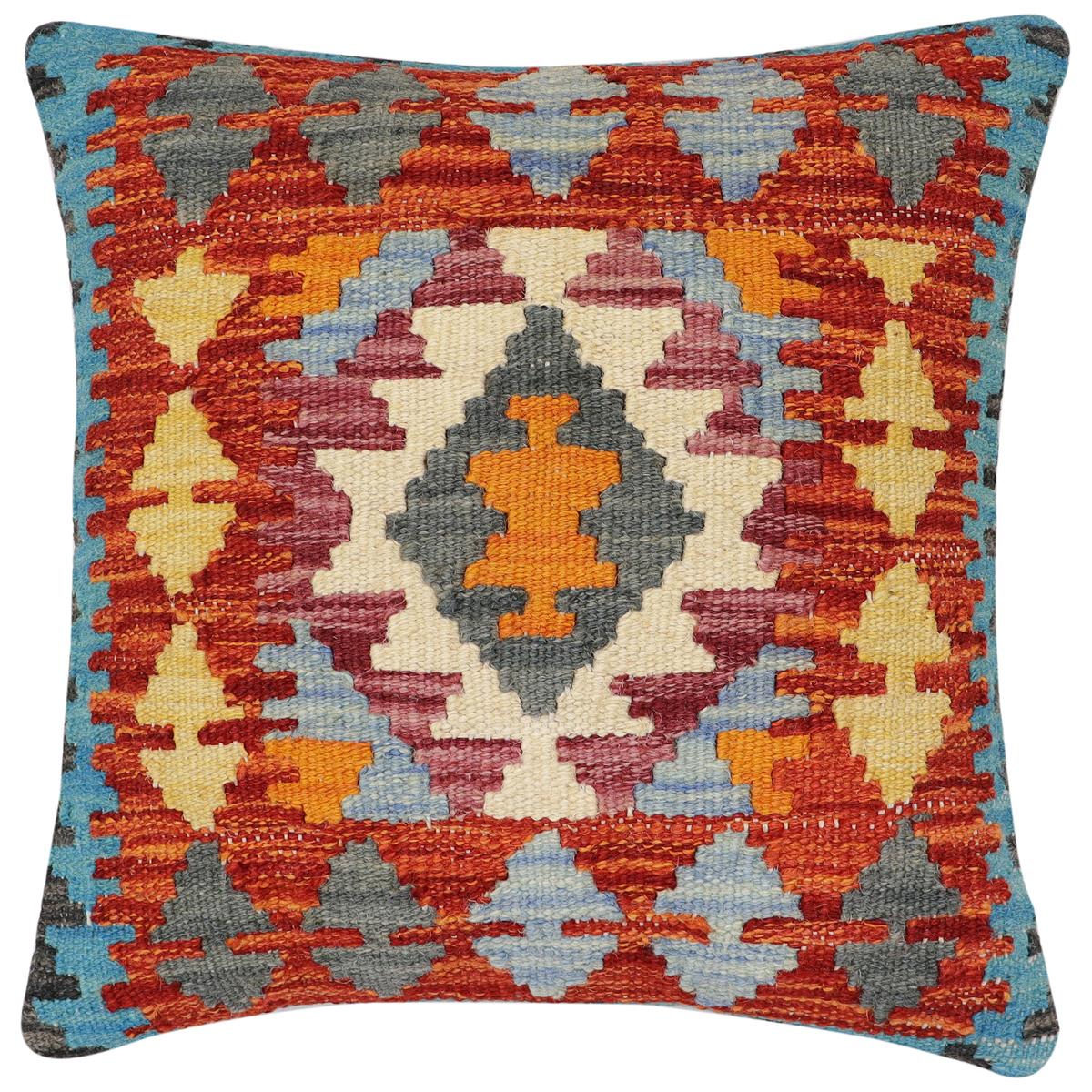 handmade Traditional Pillow Rust Blue Hand-Woven SQUARE 100% WOOL  Hand woven turkish pillow  2 x 2