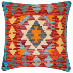 handmade Traditional Pillow Rust Blue Hand-Woven SQUARE 100% WOOL  Hand woven turkish pillow  2 x 2