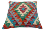 handmade Traditional Pillow Rust Blue Hand-Woven SQUARE 100% WOOL Hand woven turkish pillow2' x 2'