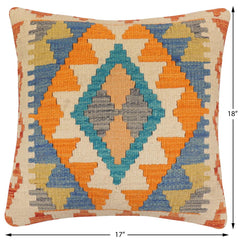 handmade Traditional Pillow Blue Beige Hand-Woven SQUARE 100% WOOL  Hand woven turkish pillow  2 x 2