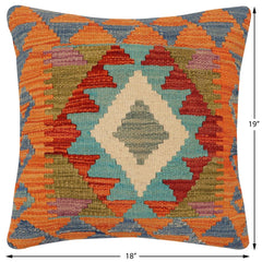 handmade Traditional Pillow Rust Blue Hand-Woven SQUARE 100% WOOL  Hand woven turkish pillow  2 x 2